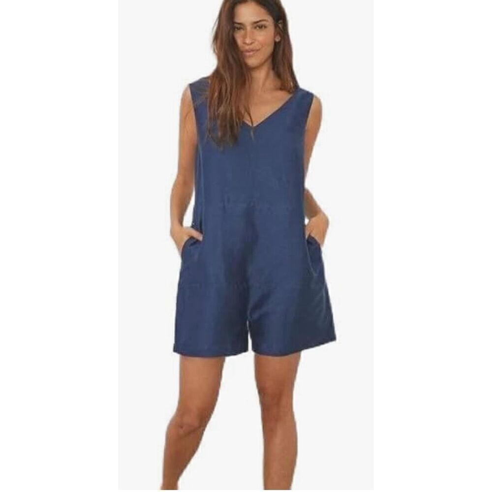 Lunya Resort Linen Silk Romper, in Deep Blue NWT Size X-Small